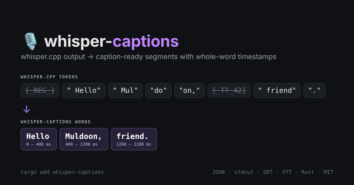 whisper-captions: whisper.cpp tokens such as [_BEG_], ' Mul', 'do', 'on,' are merged into the words Hello, Muldoon, friend. with start and end times